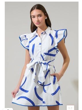Sugarlips NWT Size Large blue and white Maia Ruffle collared dress